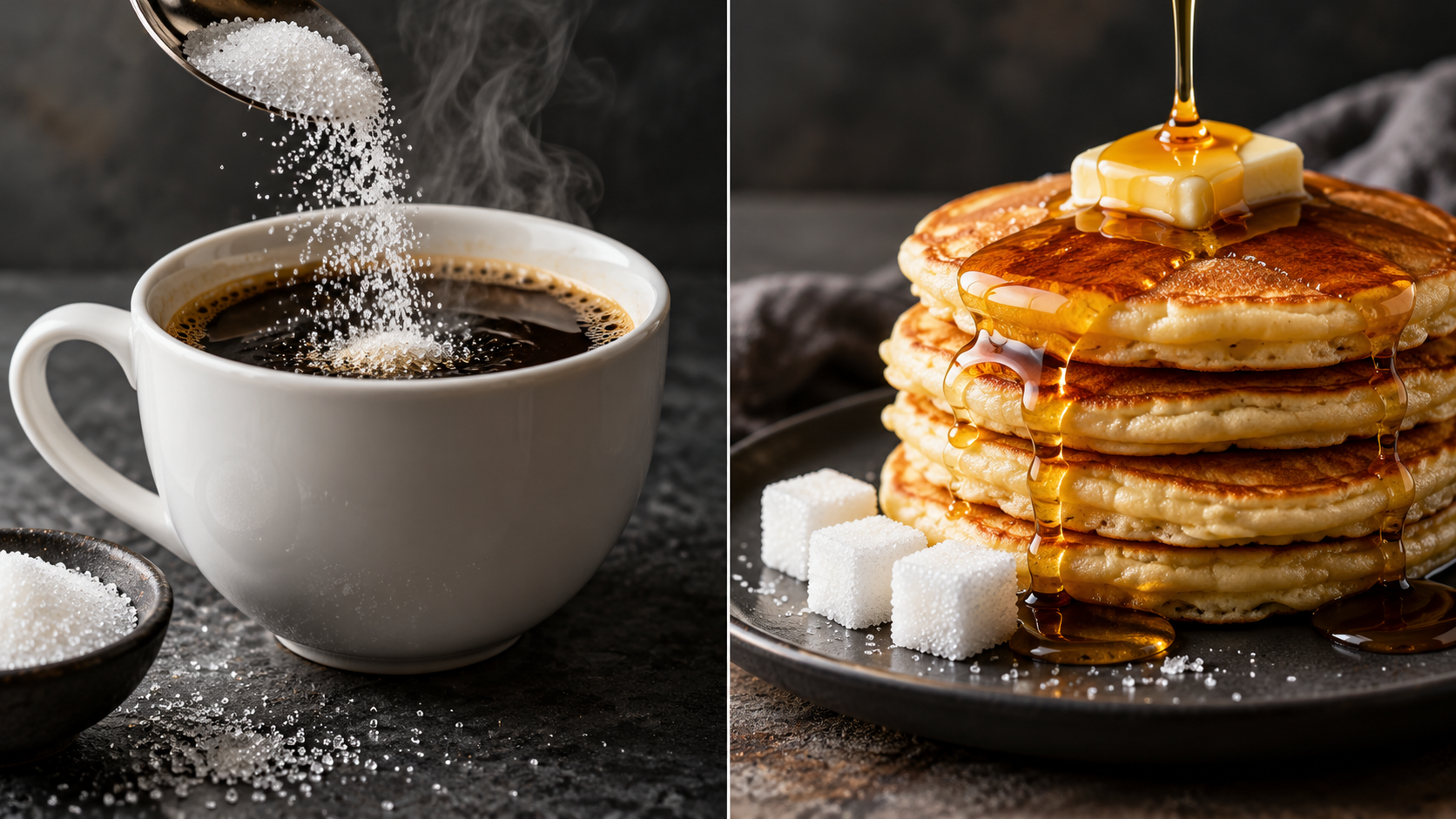 Coffee, sugar cubes and pancakes